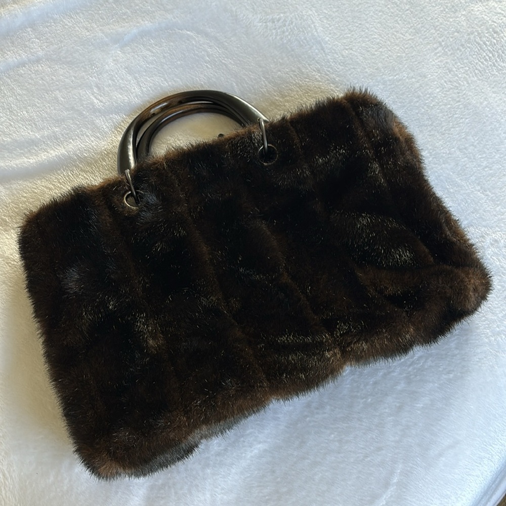 Vintage Faux Fur Handbag Wooden Handle Satchel purse Black / Brown - Picture 5 of 8